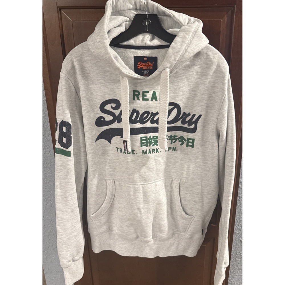 Super Dry Hoodie Sz M Varsity Script Vintage Inspired Japan Sports Gray #28